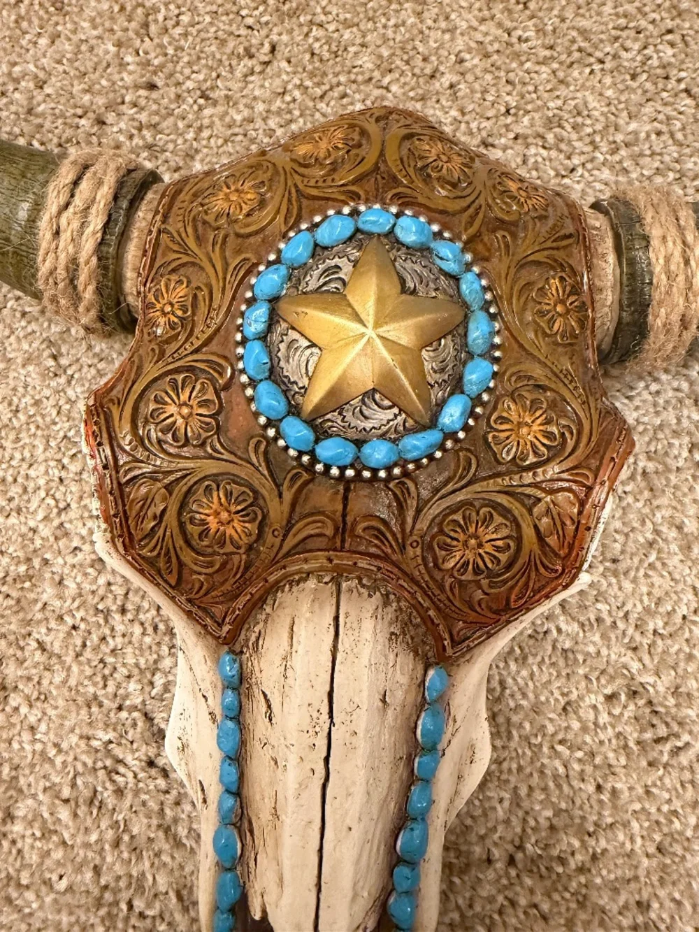 Resin cattle skull turquoise jeweled